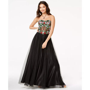 Blondie Strapless Lace-Up Back Embroidered Floral Corset Gown Juniors' Size 9